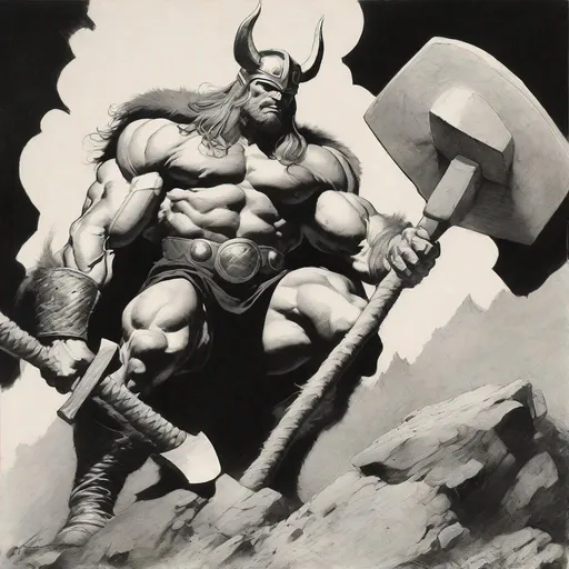 Prompt: B&W frazetta art, a huge muscular thor holding an ax, detailed, high quality