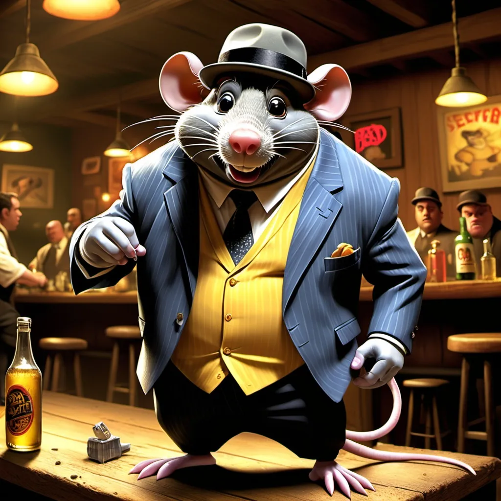 Prompt: Chester Latorace "Biggie" Cheese the gangster rapper rat from the 2006 movie barnyard performing in a seedy tavern