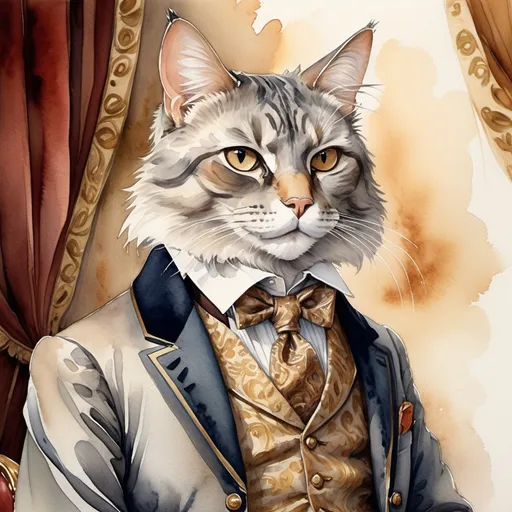 Prompt: (watercolor portrait) a distinguished elderly male catfolk, (wise expression), grey and tan fur, elegantly dressed in formal butler attire, ornate background featuring traditional English décor, warm and rich color tones, soft light enhancing the texture of the fur, high-quality, ultra-detailed composition, capturing an aristocratic atmosphere and timeless elegance, evoking a pathfinder second edition style.