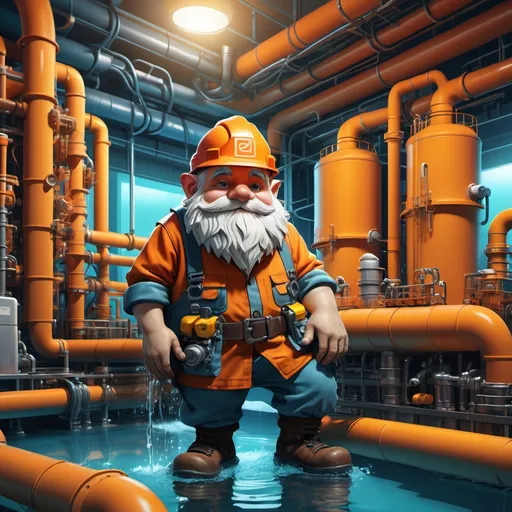 Prompt: (greatly detailed gnome character) working diligently in a (water treatment facility), wearing rugged work clothes and safety gear, surrounded by intricate machinery, (Pathfinder style), displayed in a vibrant color palette with (warm lighting), showcasing determination and focus, the background filled with (water tanks) and pipes, depicting a (fantastical environment), 4K ultra-detailed rendering.