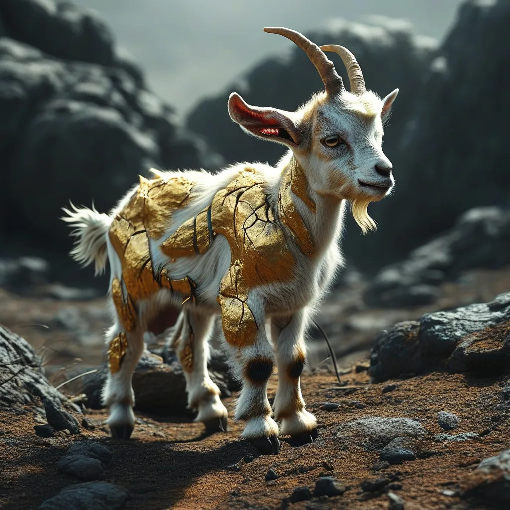 Prompt: (baby goat), colossal size compared to a cow, a back made of golden rocks, metallic textures, glistening surfaces, rugged appearance, dramatic shadows, (dark, moody atmosphere), surrounded by an eerie landscape, deeply contrasting colors—metallic and earthy tones