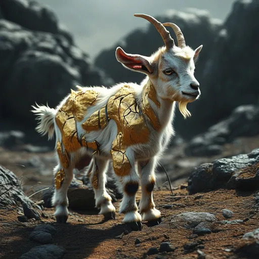 Prompt: (baby goat), colossal size compared to a cow, a back made of golden rocks, metallic textures, glistening surfaces, rugged appearance, dramatic shadows, (dark, moody atmosphere), surrounded by an eerie landscape, deeply contrasting colors—metallic and earthy tones