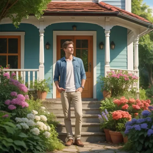 Prompt: a man stand in front of house