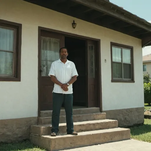 Prompt: a man stand in front of house