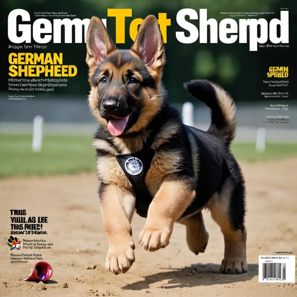 Prompt: magazine center spread featuring german shepherd puppy olympics layout