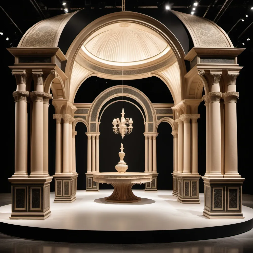 Prompt: 
Sure! Here's an English prompt based on the design ideas for the Giorgio Armani exhibition booth with a Renaissance and Achaemenid architectural theme:

"Design a luxurious exhibition booth for Giorgio Armani inspired by Renaissance and Achaemenid architecture, combining elements of both styles to display Persian-themed clothing. Incorporate grand Renaissance arches and columns with intricate detailing, featuring Doric and Corinthian styles. Add Renaissance-inspired ornate gold decorations and mirrors for an elegant touch. Integrate Achaemenid elements such as monumental stone pillars, bas-reliefs of lions, winged figures, and royal commanders, and Persian stone carvings. Use Persian traditional fabrics like silk and termeh to display the clothes. Include colors like turquoise, gold, saffron red, and emerald green. Create an impressive entrance resembling the gates of Persepolis with grand columns and intricate carvings. The booth should have luxurious, warm lighting and fine materials like marble and gold accents. Use large, elegant mannequins with detailed clothing displays and place them strategically around the booth to showcase the designs. The space should feel opulent, historical, and artistic, blending Renaissance and Persian aesthetics seamlessly."