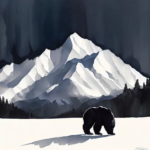 Prompt: Winter mountain scenery with black bear walking around
