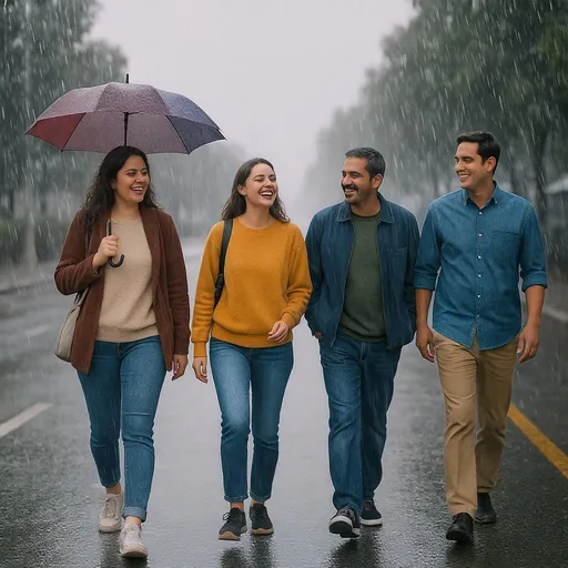 Prompt: People are walking happily on the road, enjoying themselves without waiting for umbrellas in the pouring rain.