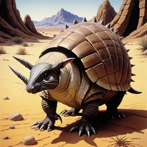 Prompt: 1970s Dark fantasy book cover, screen grab from 1986 Labrynth movie, grainy, painting art of an armadillo in the desert with long wolverine claws and beady black eyes, round, pokemon, sandshrew