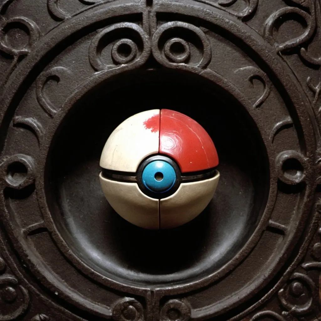 Prompt: 1970s Dark fantasy book cover, screen grab from 1986 Labrynth movie, grainy, pokeball, scuffed, dirty