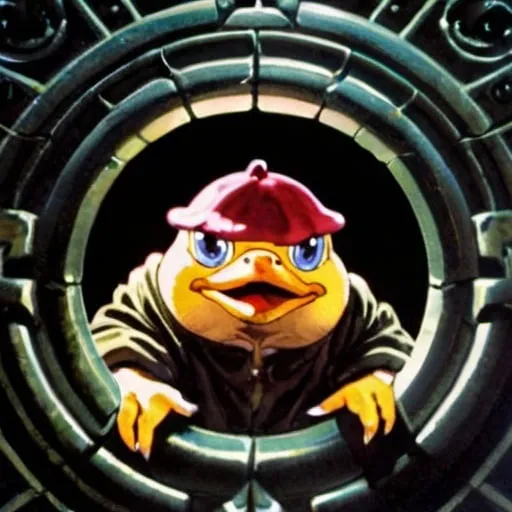 Prompt: 1970s Dark fantasy book cover, screen grab from 1986 Labrynth movie, psyduck pokemon