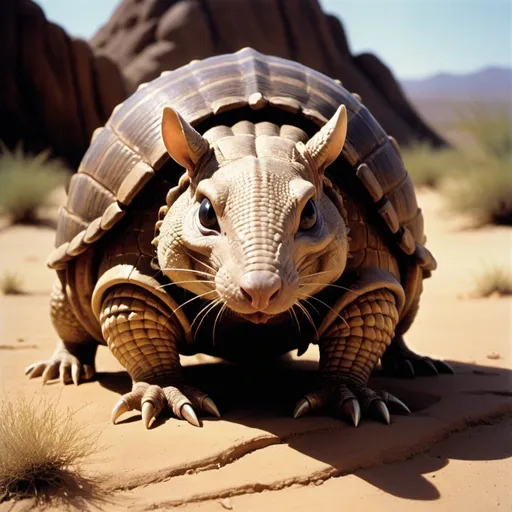 Prompt: 1970s Dark fantasy book cover, screen grab from 1986 Labrynth movie, grainy, painting art of an armadillo in the desert with long wolverine claws and beady black eyes, round, pokemon, sandshrew