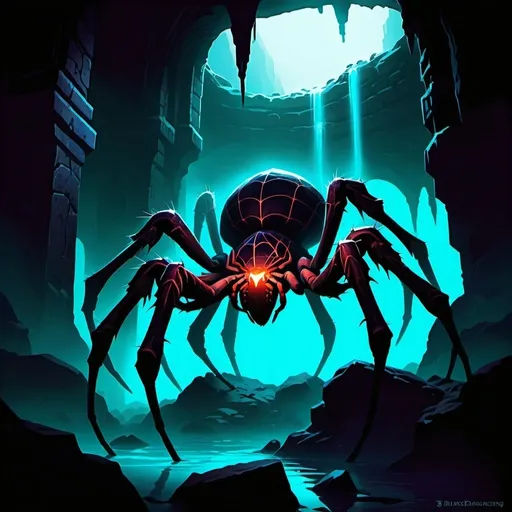 Prompt: Underdark, subterranean city, spider mounts, glowing monolith