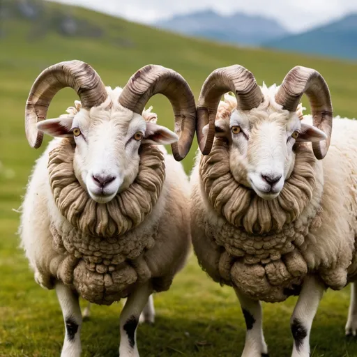 Prompt: two male sheep with horns that looks like Walliser Schwarznase beeing friends and holding guns