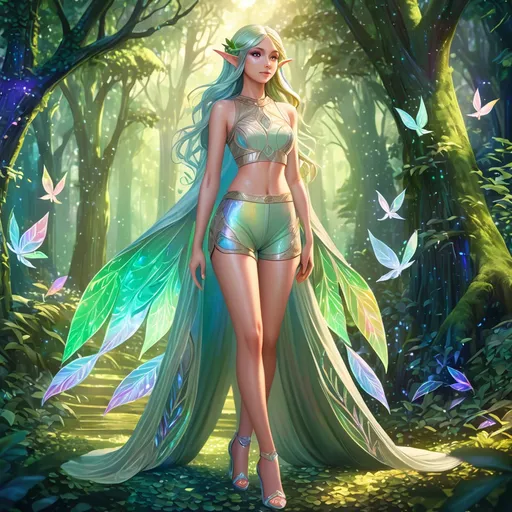 Prompt: beautiful adult elf woman with A fitted crop top adorned with a touch of iridescent material, paired with low-waisted wide-leg shorts that have subtle leaf patterns. and heels bring it all together for a chic look