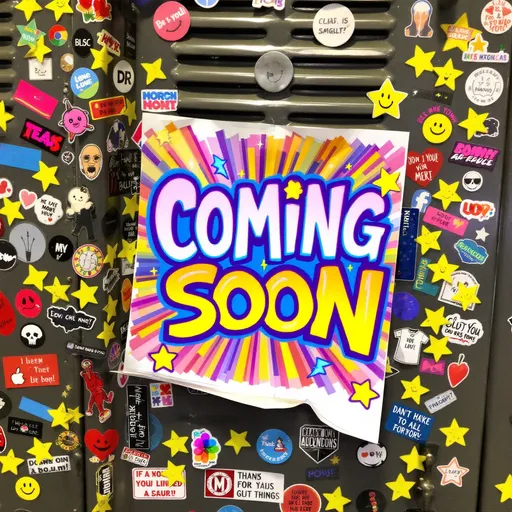 Prompt: A vibrant, well-used school locker covered in colorful stickers—band logos, cute doodles, motivational quotes, and funny memes. The locker door is slightly open, giving off a playful energy as if something exciting is about to happen. Right in the center, a bright, eye-popping "COMING SOON" poster is taped up, bursting with neon colors, bold graffiti-style lettering, and a fun mix of doodles—stars, lightning bolts, and smiley faces. The edges of the poster are slightly curled, as if students have been peeking at it curiously. The focus is entirely on the locker and its decorations, creating an atmosphere of excitement, fun, and anticipation, like a big event or surprise is just around the corner!