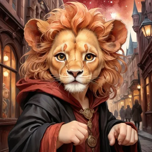 Prompt: <mymodel> Effen metal, an adorable lion cub wizard in diagon alley, Perfect anatomy, masterpiece, careful details, intricate details, Big determined eyes, expressive look, in the style of Harry Potter, warm environment, epic cinematic, that captures the essence of the aventure, shades of red gold and black, Starry sky, landscape seen from afar, Watercolor illustration, 8K Ultra HD