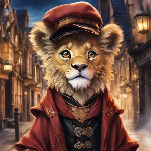 Prompt: <mymodel> Effen metal, an adorable lion cub wizard in diagon alley, Perfect anatomy, masterpiece, careful details, intricate details, Big determined eyes, expressive look, in the style of Harry Potter, warm environment, epic cinematic, that captures the essence of the aventure, shades of red gold and black, Starry sky, landscape seen from afar, Watercolor illustration, 8K Ultra HD