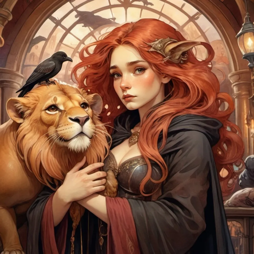 Prompt: <mymodel>A  witch summoning a walrus in  artstyle, Effen metal, an adorable lion cub wizard in diagon alley, Perfect anatomy, masterpiece, careful details, intricate details, Big determined eyes, expressive look, in the style of Harry Potter, warm environment, epic cinematic, that captures the essence of the aventure, shades of red gold and black, Starry sky, landscape seen from afar, Watercolor illustration, 8K Ultra HD