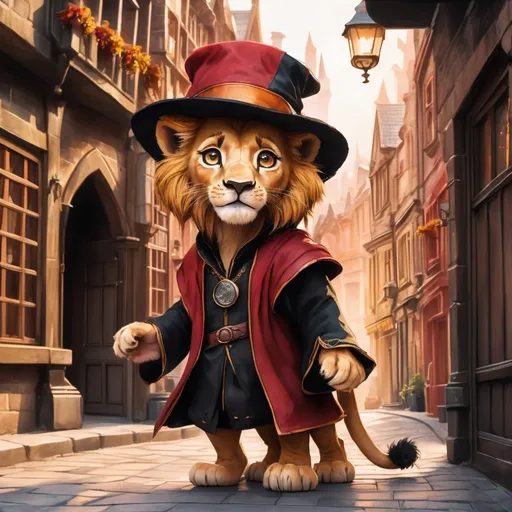 Prompt: Effen metal, an adorable lion cub wizard in diagon alley, Perfect anatomy, masterpiece, careful details, intricate details, Big determined eyes, expressive look, in the style of Disney, warm environment, epic cinematic, that captures the essence of the aventure, shades of red gold and black, landscape seen from afar, Watercolor illustration, 8K Ultra HD
