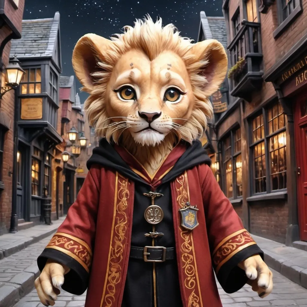 Prompt: <mymodel> Effen metal, an adorable lion cub wizard in diagon alley, Perfect anatomy, masterpiece, careful details, intricate details, Big determined eyes, expressive look, in the style of Harry Potter, warm environment, epic cinematic, that captures the essence of the aventure, shades of red gold and black, Starry sky, landscape seen from afar, Watercolor illustration, 8K Ultra HD