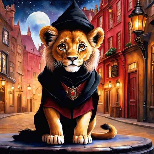 Prompt: Effen metal, an adorable lion cub wizard in diagon alley, Perfect anatomy, masterpiece, careful details, intricate details, Big determined eyes, expressive look, in the style of Harry Potter, warm environment, epic cinematic, that captures the essence of the aventure, shades of red gold and black, Starry sky, landscape seen from afar, Watercolor illustration, 8K Ultra HD