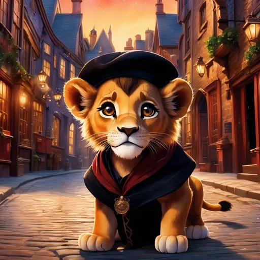 Prompt: Effen metal, an adorable lion cub wizard in diagon alley, Perfect anatomy, masterpiece, careful details, intricate details, Big determined eyes, expressive look, in the style of Disney, warm environment, epic cinematic, that captures the essence of the aventure, shades of red gold and black, Starry sky, landscape seen from afar, Watercolor illustration, 8K Ultra HD