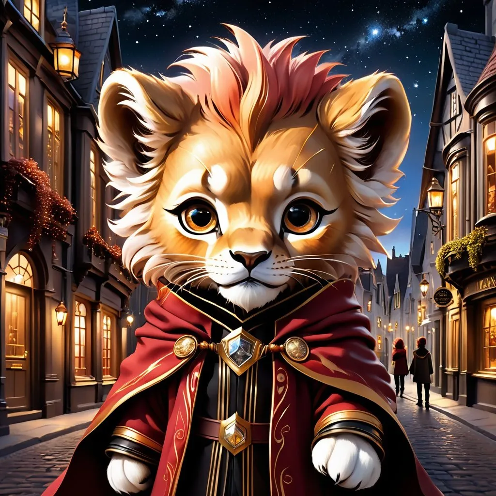 Prompt: Effen metal, an adorable lion cub wizard in diagon alley, Perfect anatomy, masterpiece, careful details, intricate details, Big determined eyes, expressive look, in the style of Harry Potter, warm environment, epic cinematic, that captures the essence of the aventure, shades of red gold and black, Starry sky, landscape seen from afar, Watercolor illustration, 8K Ultra HD