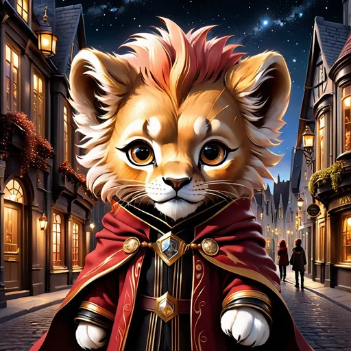 Prompt: Effen metal, an adorable lion cub wizard in diagon alley, Perfect anatomy, masterpiece, careful details, intricate details, Big determined eyes, expressive look, in the style of Harry Potter, warm environment, epic cinematic, that captures the essence of the aventure, shades of red gold and black, Starry sky, landscape seen from afar, Watercolor illustration, 8K Ultra HD