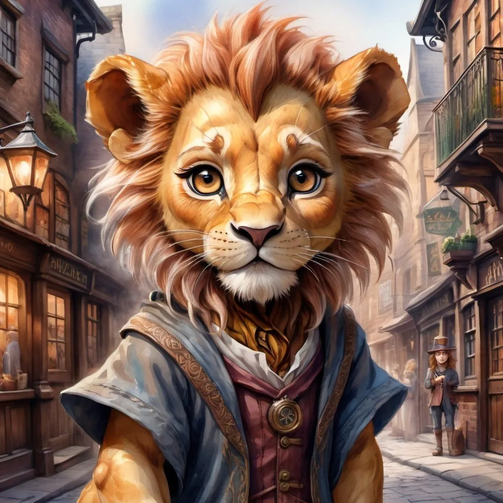 Prompt: Effen metal, an adorable lion cub wizard in diagon alley, Perfect anatomy, masterpiece, careful details, intricate details, Big determined eyes, expressive look, in the style of Disney, warm environment, epic cinematic, that captures the essence of the aventure, landscape seen from afar, Watercolor illustration, 8K Ultra HD
