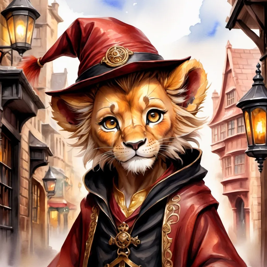 Prompt: Effen metal, an adorable lion cub wizard in diagon alley, Perfect anatomy, masterpiece, careful details, intricate details, Big determined eyes, expressive look, in the style of Disney, warm environment, epic cinematic, that captures the essence of the aventure, shades of red gold and black, landscape seen from afar, Watercolor illustration, 8K Ultra HD
