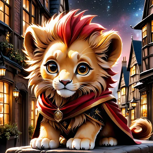 Prompt: Effen metal, an adorable lion cub wizard in diagon alley, Perfect anatomy, masterpiece, careful details, intricate details, Big determined eyes, expressive look, in the style of Harry Potter, warm environment, epic cinematic, that captures the essence of the aventure, shades of red gold and black, Starry sky, landscape seen from afar, Watercolor illustration, 8K Ultra HD