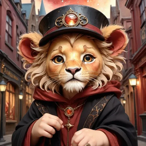 Prompt: <mymodel> Effen metal, an adorable lion cub wizard in diagon alley, Perfect anatomy, masterpiece, careful details, intricate details, Big determined eyes, expressive look, in the style of Harry Potter, warm environment, epic cinematic, that captures the essence of the aventure, shades of red gold and black, Starry sky, landscape seen from afar, Watercolor illustration, 8K Ultra HD