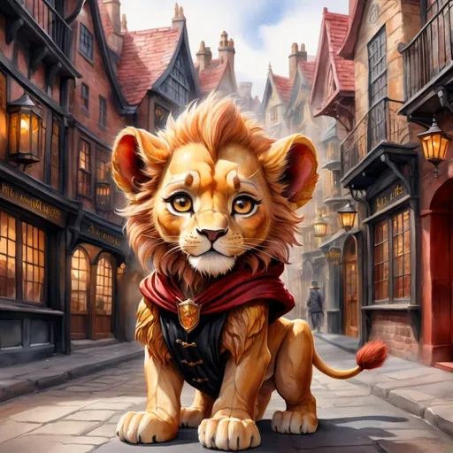 Prompt: Effen metal, an adorable lion cub wizard in diagon alley, Perfect anatomy, masterpiece, careful details, intricate details, Big determined eyes, expressive look, in the style of Disney, warm environment, epic cinematic, that captures the essence of the aventure, shades of red gold and black, landscape seen from afar, Watercolor illustration, 8K Ultra HD
