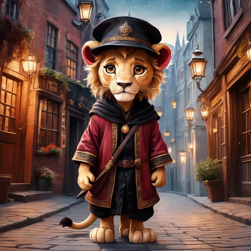 Prompt: Effen metal, an adorable lion cub wizard in diagon alley, Perfect anatomy, masterpiece, careful details, intricate details, Big determined eyes, expressive look, in the style of Disney, warm environment, epic cinematic, that captures the essence of the aventure, shades of red gold and black, Starry sky, landscape seen from afar, Watercolor illustration, 8K Ultra HD
