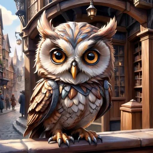 Prompt: Effen metal, an adorable owl cub wizard in diagon alley, Perfect anatomy, masterpiece, careful details, intricate details, Big determined eyes, expressive look, in the style of Disney, warm environment, epic cinematic, that captures the essence of the aventure, landscape seen from afar, Watercolor illustration, 8K Ultra HD
