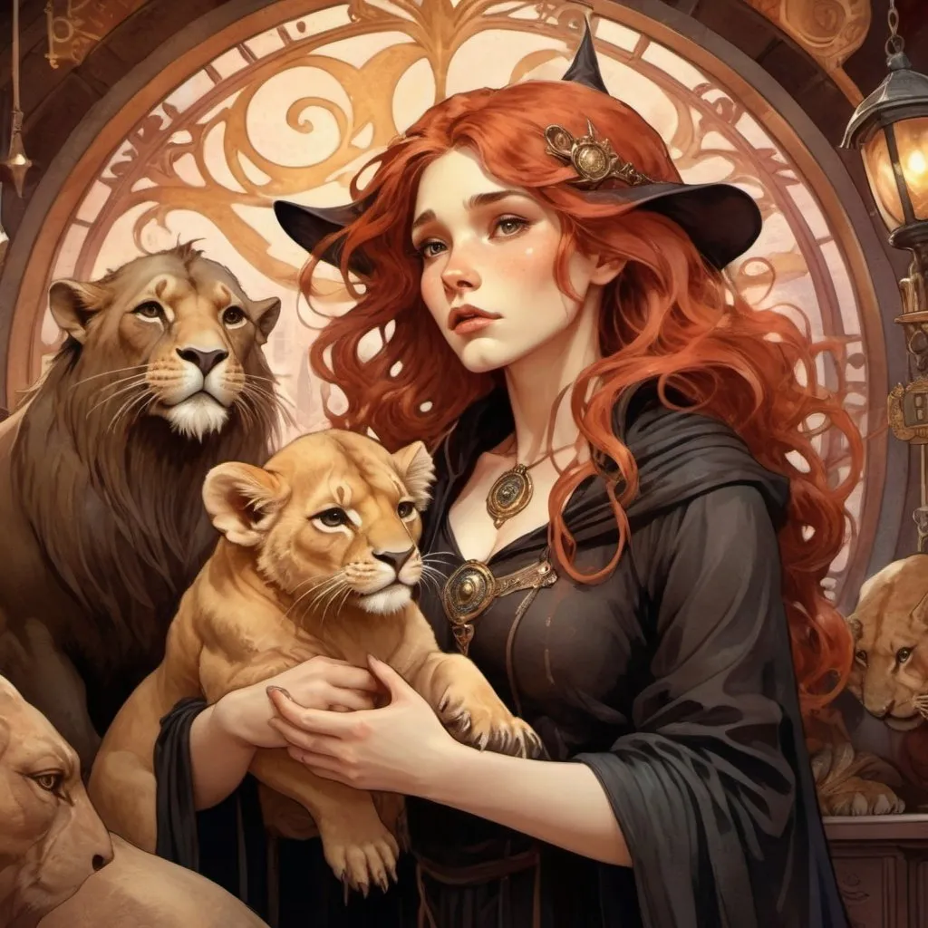 Prompt: <mymodel>A  witch summoning a walrus in  artstyle, Effen metal, an adorable lion cub wizard in diagon alley, Perfect anatomy, masterpiece, careful details, intricate details, Big determined eyes, expressive look, in the style of Harry Potter, warm environment, epic cinematic, that captures the essence of the aventure, shades of red gold and black, Starry sky, landscape seen from afar, Watercolor illustration, 8K Ultra HD