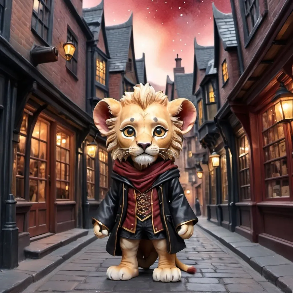 Prompt: <mymodel> Effen metal, an adorable lion cub wizard in diagon alley, Perfect anatomy, masterpiece, careful details, intricate details, Big determined eyes, expressive look, in the style of Harry Potter, warm environment, epic cinematic, that captures the essence of the aventure, shades of red gold and black, Starry sky, landscape seen from afar, Watercolor illustration, 8K Ultra HD