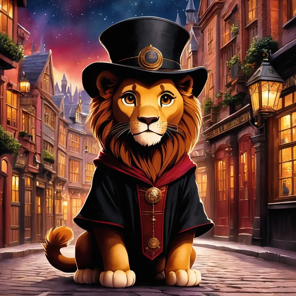 Prompt: Effen metal, an adorable lion cub wizard in diagon alley, Perfect anatomy, masterpiece, careful details, intricate details, Big determined eyes, expressive look, in the style of Disney, warm environment, epic cinematic, that captures the essence of the aventure, shades of red gold and black, Starry sky, landscape seen from afar, Watercolor illustration, 8K Ultra HD