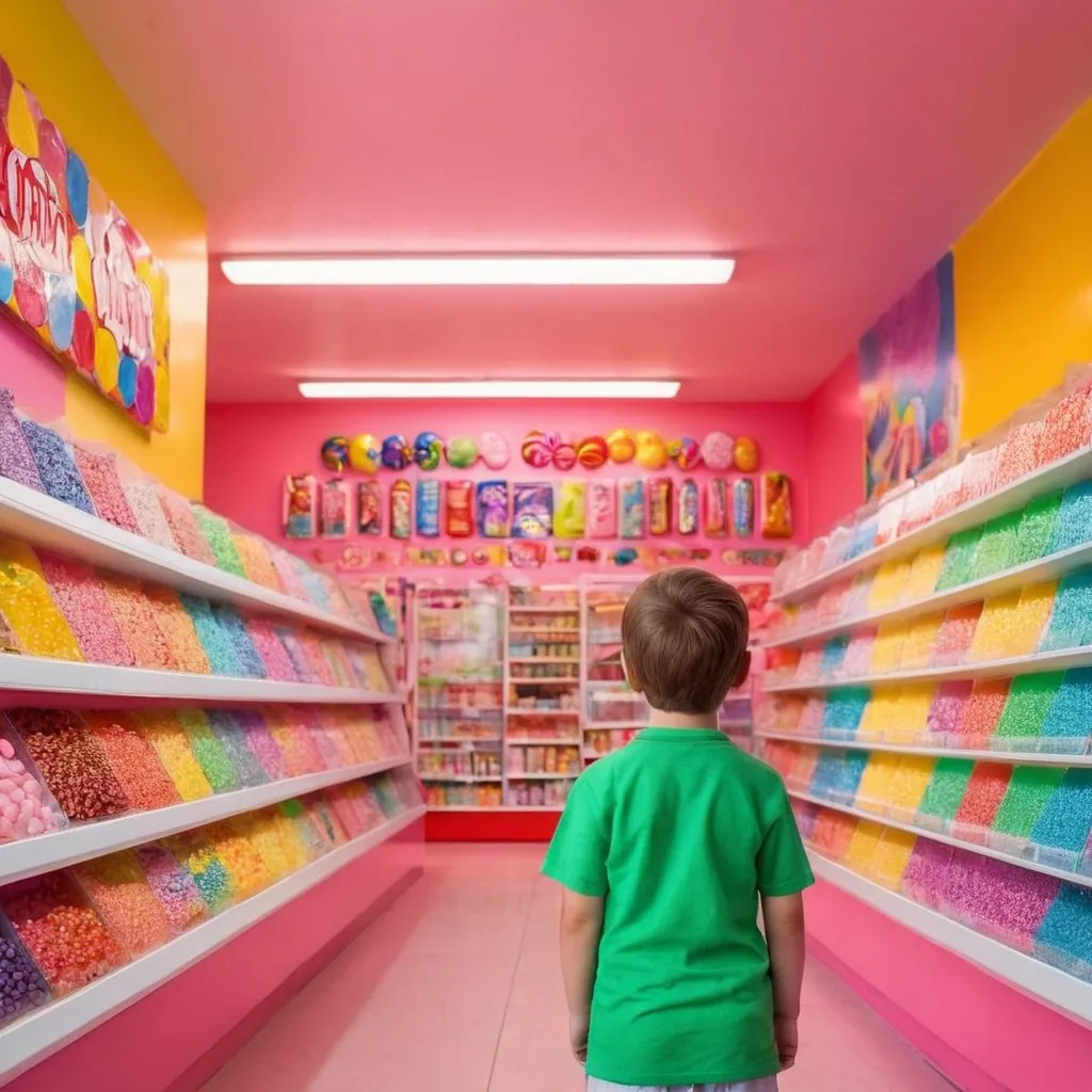 Prompt: Kid in a colorful candy shop. Show the back of the kid, not the front. Have them looking at a wall of colorful candy.