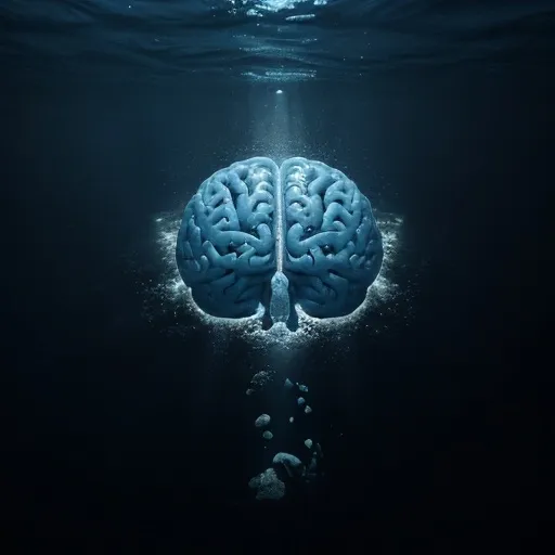 Prompt: shadow of a brain on the ocean floor in the dark blue ocean 