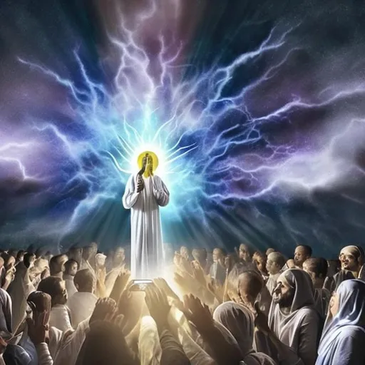 Prompt: God with a Samsung mobile in his hand with humans around Him