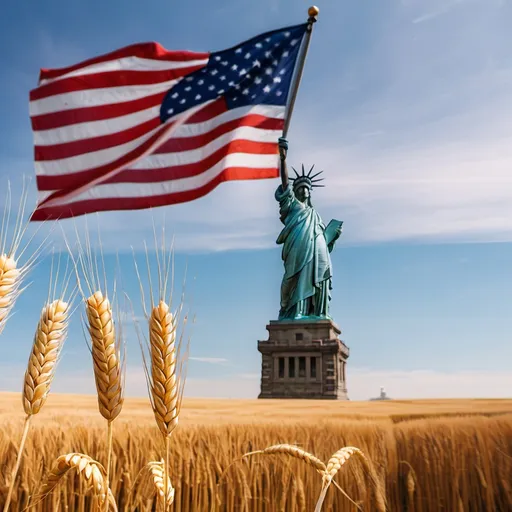 Prompt: USA Flag, wheat field, Statue of liberty