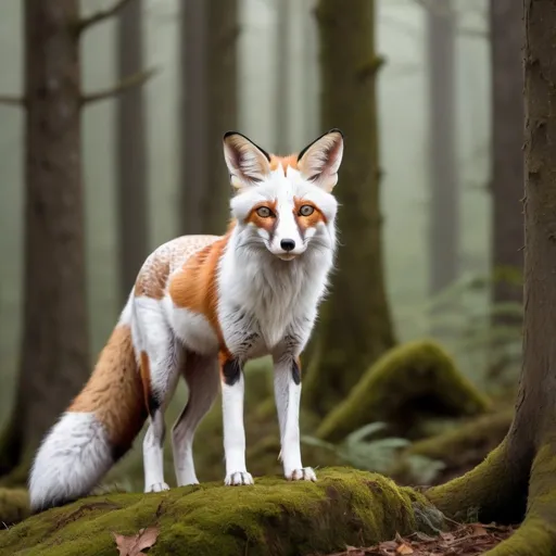 Prompt: Piebald fox with many white areas of fur including one ear and surrounding the eye in white. full body shot with a forest background