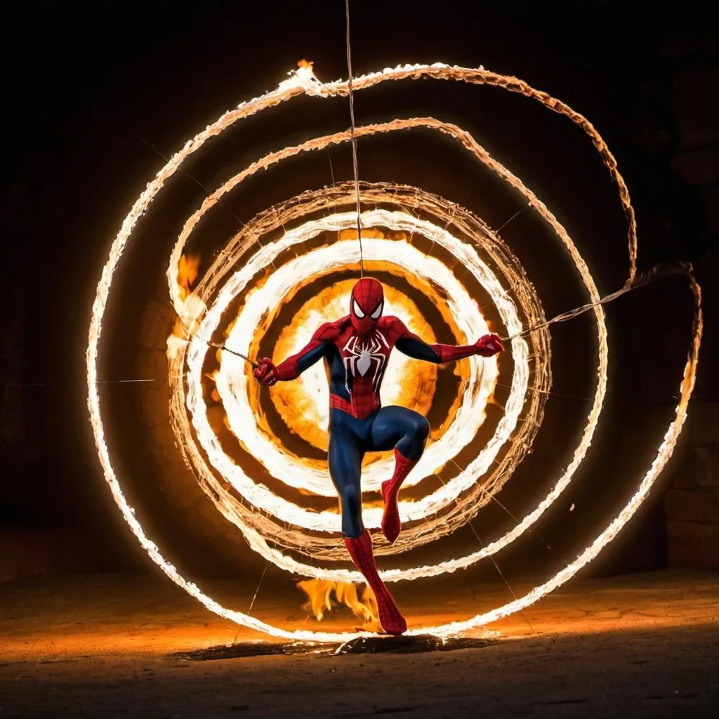 Prompt: spiderman in a fire spinning a web