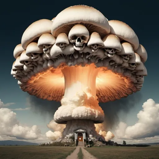 Prompt: A mushroom cloud made of laughing souls 