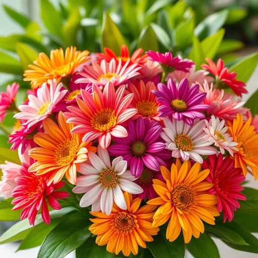 Prompt: (vibrant flowers), cheerful atmosphere, intricate petal details, a variety of colorful blossoms, heartwarming bouquet arrangement, soft natural lighting, lush green leaves as backdrop, joyful and uplifting vibe, high resolution, 4K, suitable for a Mother's Day celebration, providing feelings of love and appreciation.