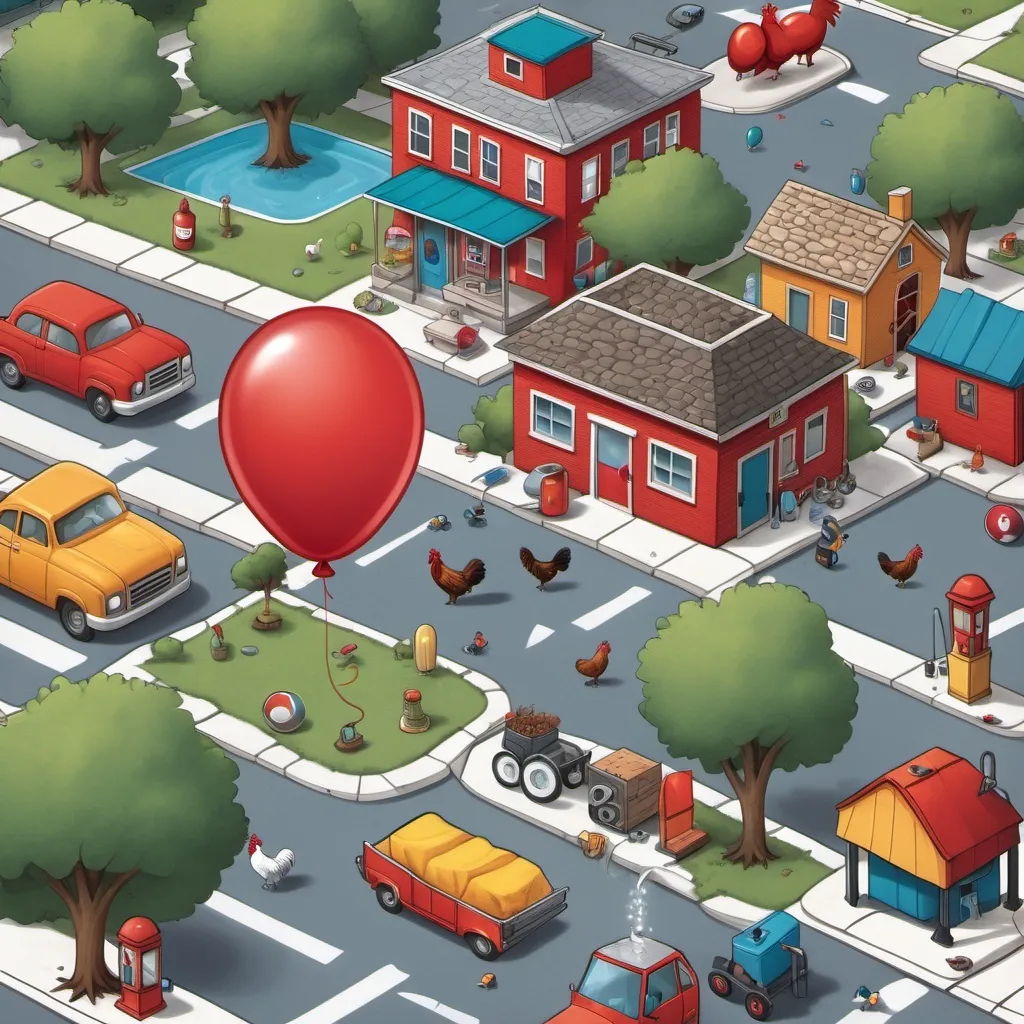 Prompt: An I spy game where the background is intricate on a busy street where you must find one red balloon, one rooster, one igloo, one train caboose, one raccoon, one scooter, one boot, one roof, one shampoo bottle , some tree roots, one pool, some tools, and a broom