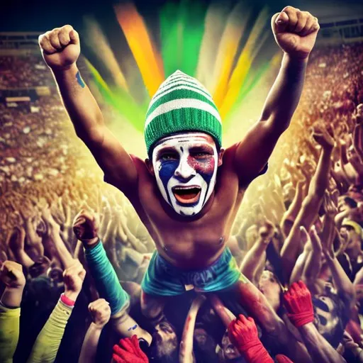 Prompt: Football fan, mid-30s, heavierset, with painted face, no shirt, painted chest and stomach, screaming in stadium enthusiastically, crowd cheering in background, wearing knit hat, vibrant colors, high energy, realistic, high quality, sports, intense colors, energetic atmosphere, realistic lighting