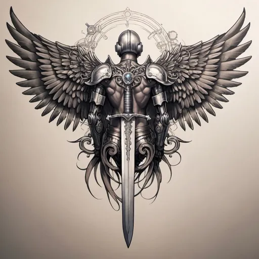 Prompt: Concept art for a back tattoo.  Mechanical angel wings with a sword in the centre